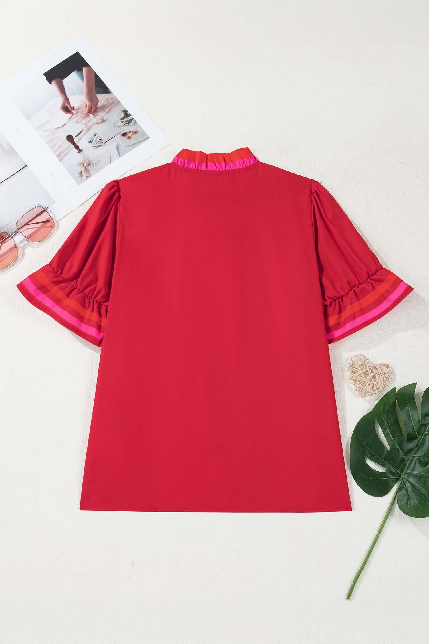 Four Leaf Clover Striped Trim Ruffle Split Neck Long Sleeve Blouse
