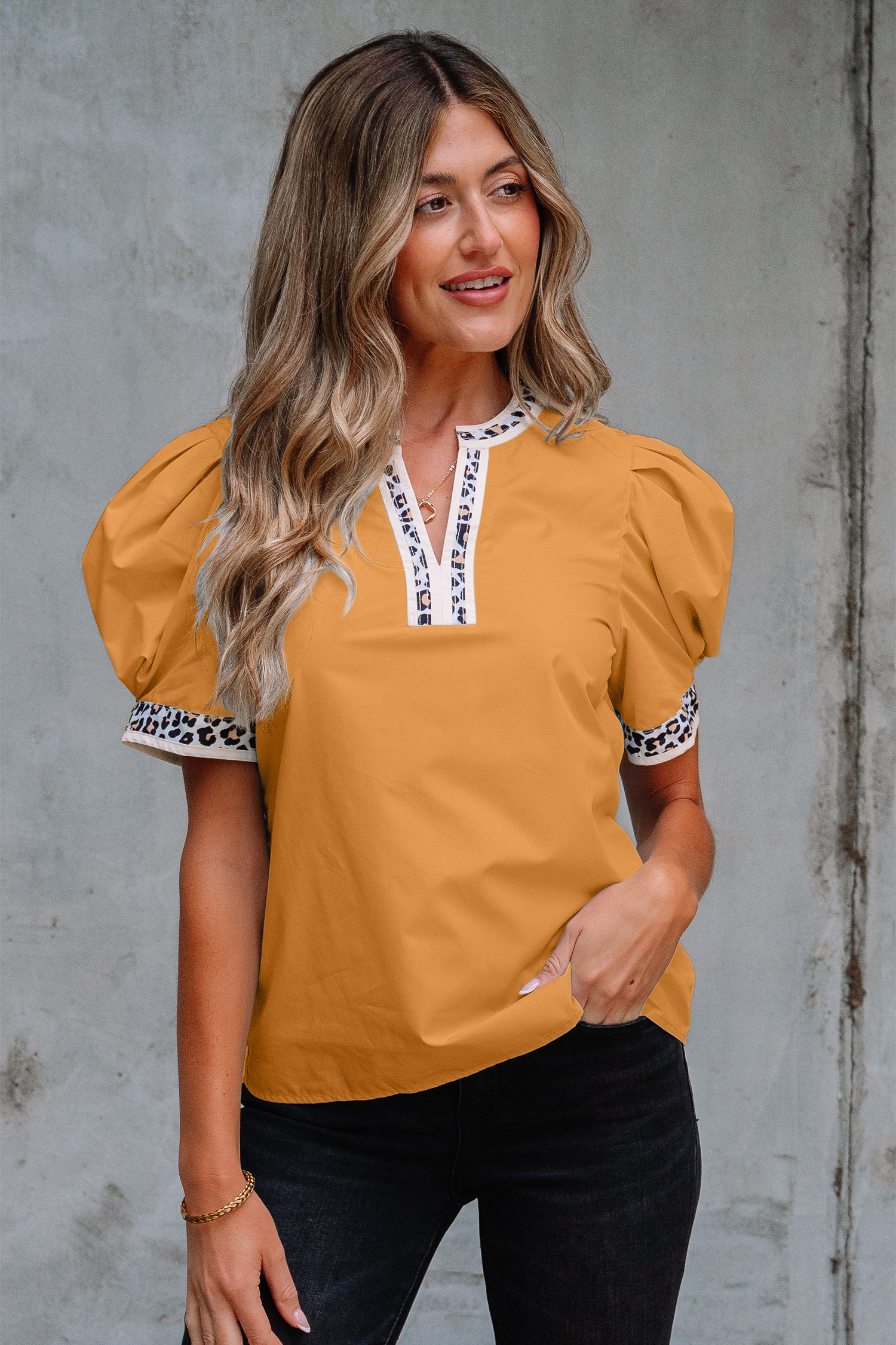 Buckskin Contrast Leopard Trim Split Neck Puff Sleeve Blouse
