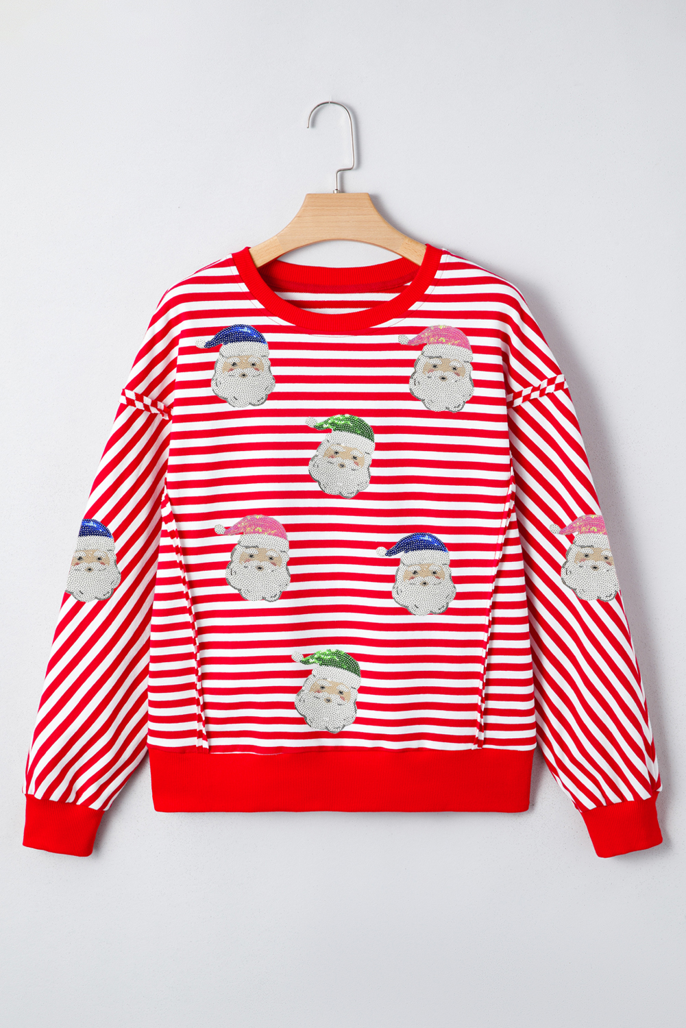 Red Stripe Sequin Santa Round Neck Raw Seam Detail Christmas Long Sleeve Top