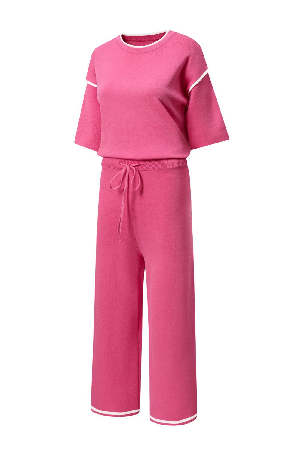 Blackish Green Contrast Trim Half Sleeve Top Drawstring Pants Loose 2pcs Sweater Suit