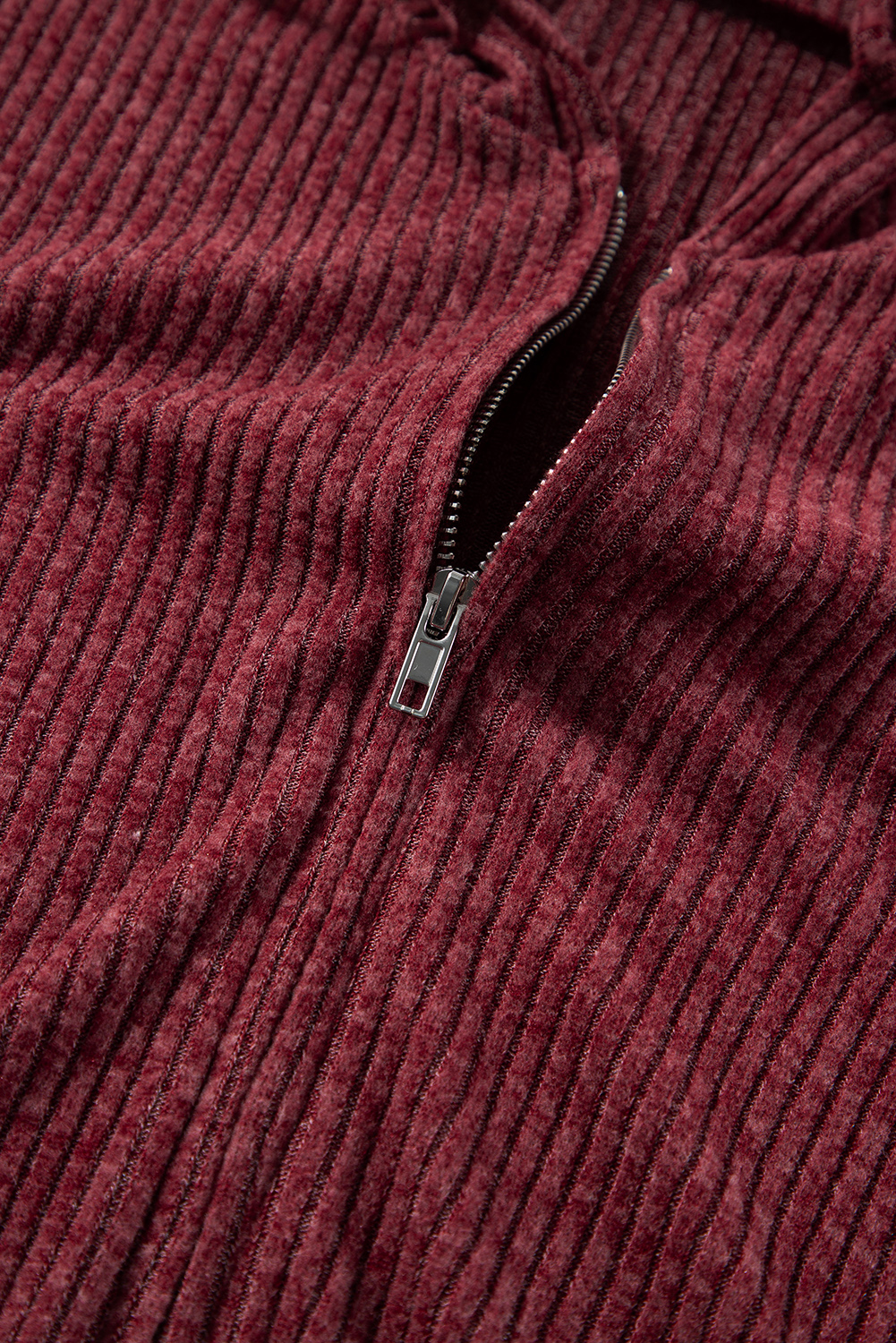 Dark Grey Ribbed Zip Up Front Drawstring Hoodie