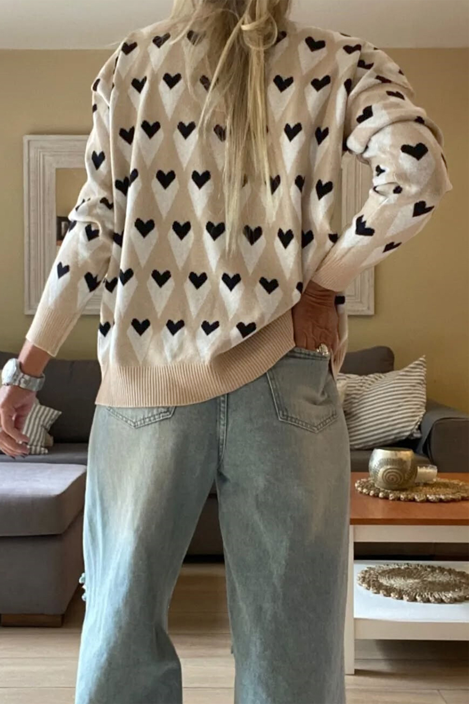 Parchment Geometric Heart Print Ribbed Trim Loose Sweater