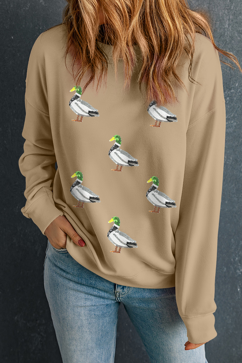 Khaki Sequin Mallard Duck Graphic Baggy Sweatshirt