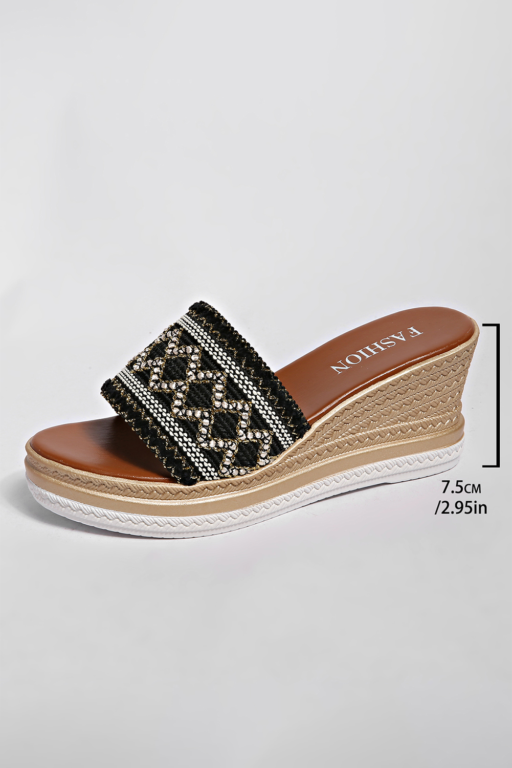 Black Woven Band PU Leather Wedge Slippers