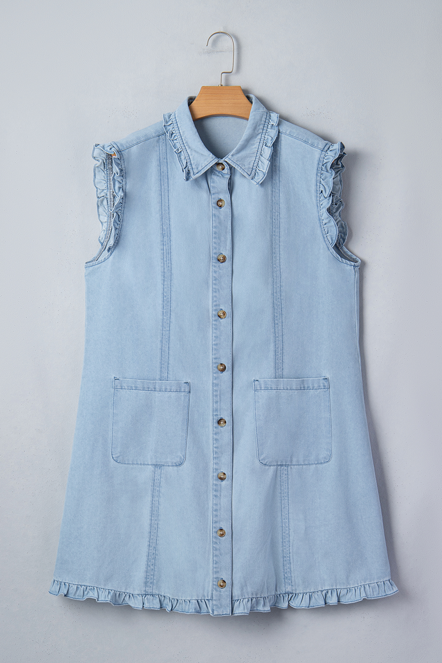 Beau Blue Ruffled Edge Collared Shift Denim Dress with Pockets