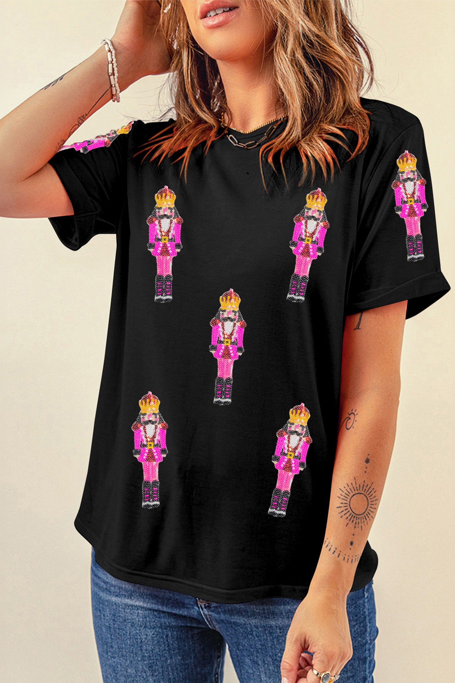 Black Sequin Patched Christmas Nutcracker Casual T Shirt