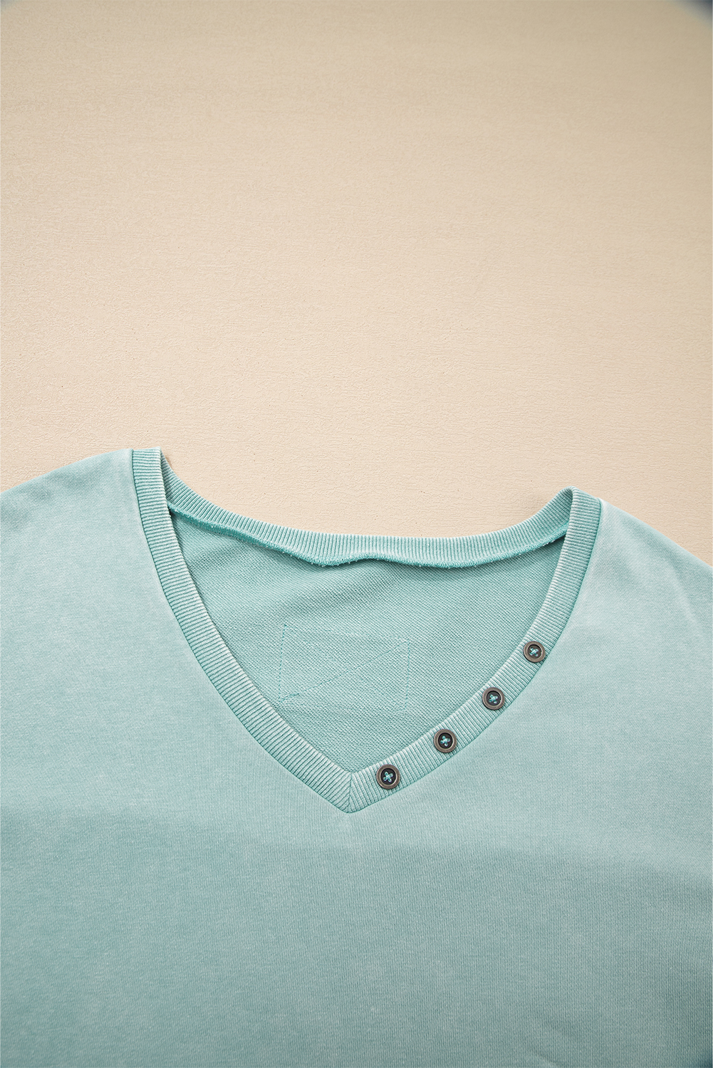 Mist Blue Mineral Wash Exposed Seam Buttoned V Neck Pullover Top