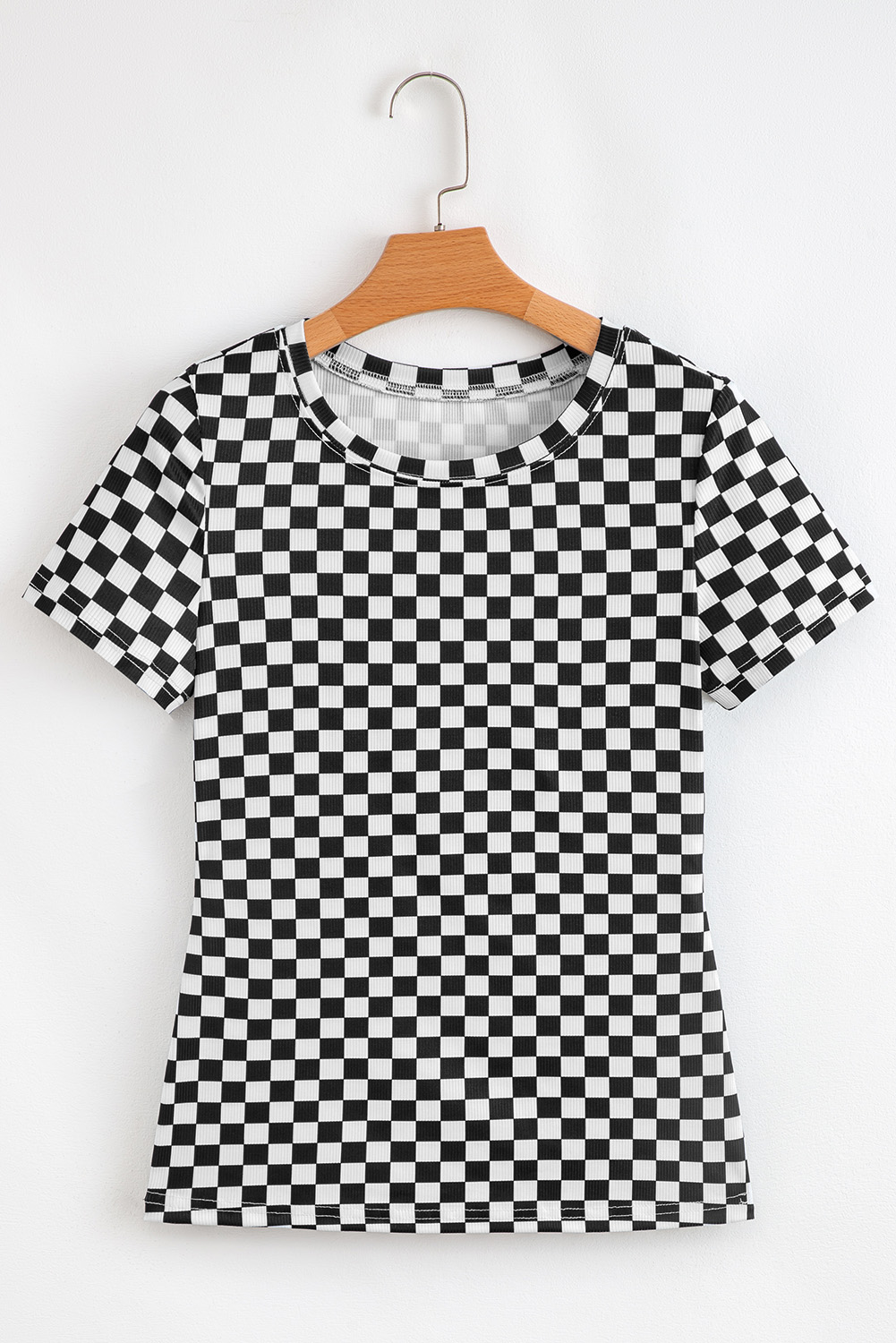 Pink Checkered Ribbed Slim Fit Crew Neck T Shirt