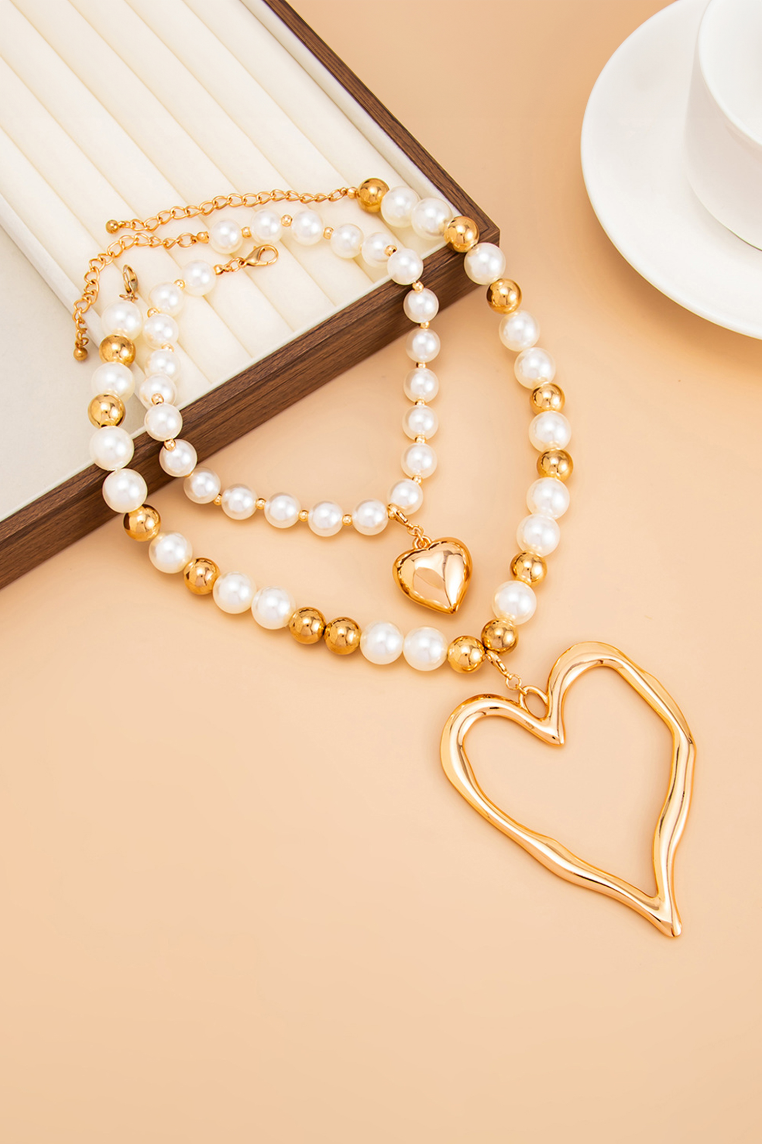 Gold Plated Heart Charm Daring Pearl Beaded 2pcs Necklace Set