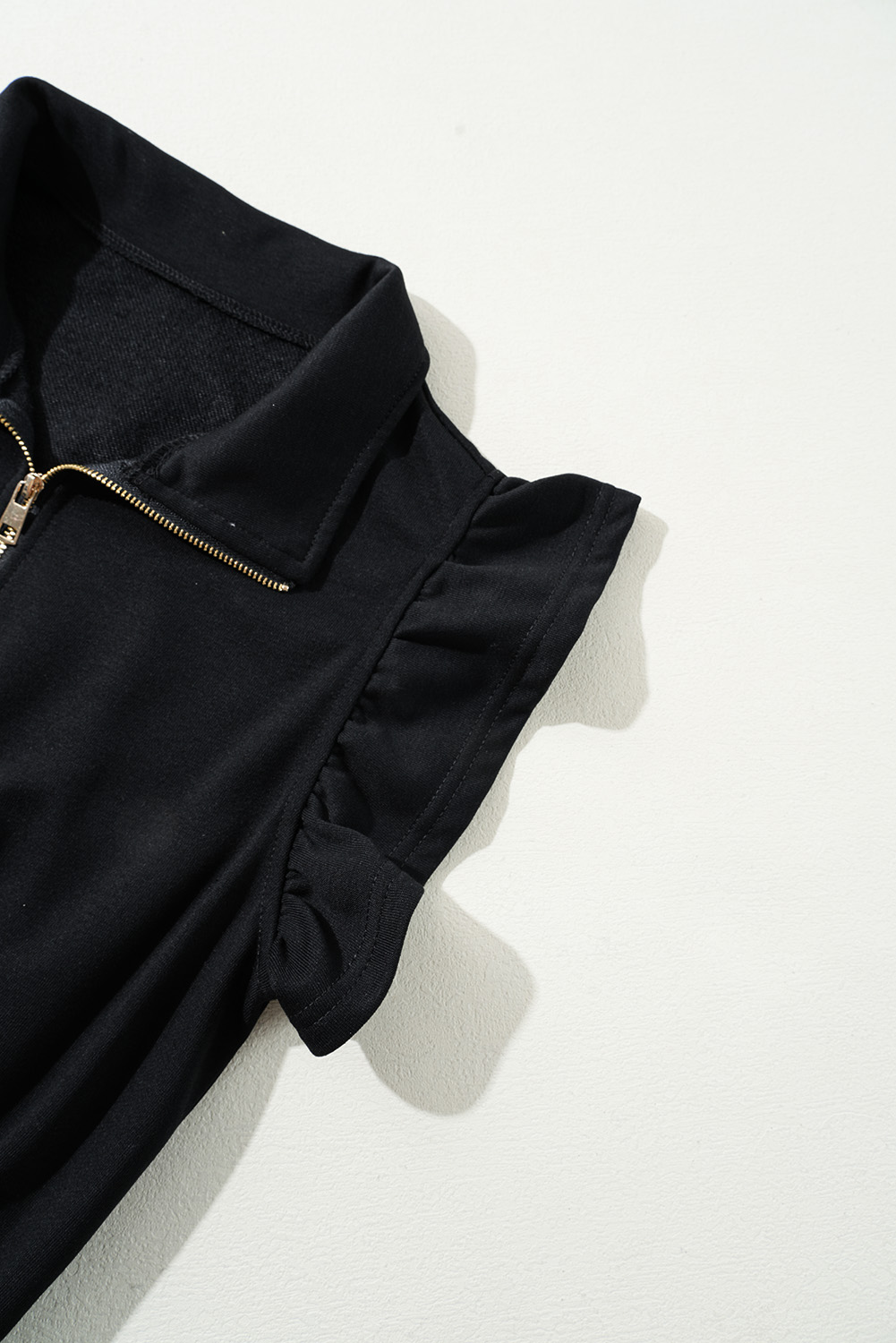 Black Zipper Flutter Sleeve Drawstring Elastic Waistband Jumpsuit