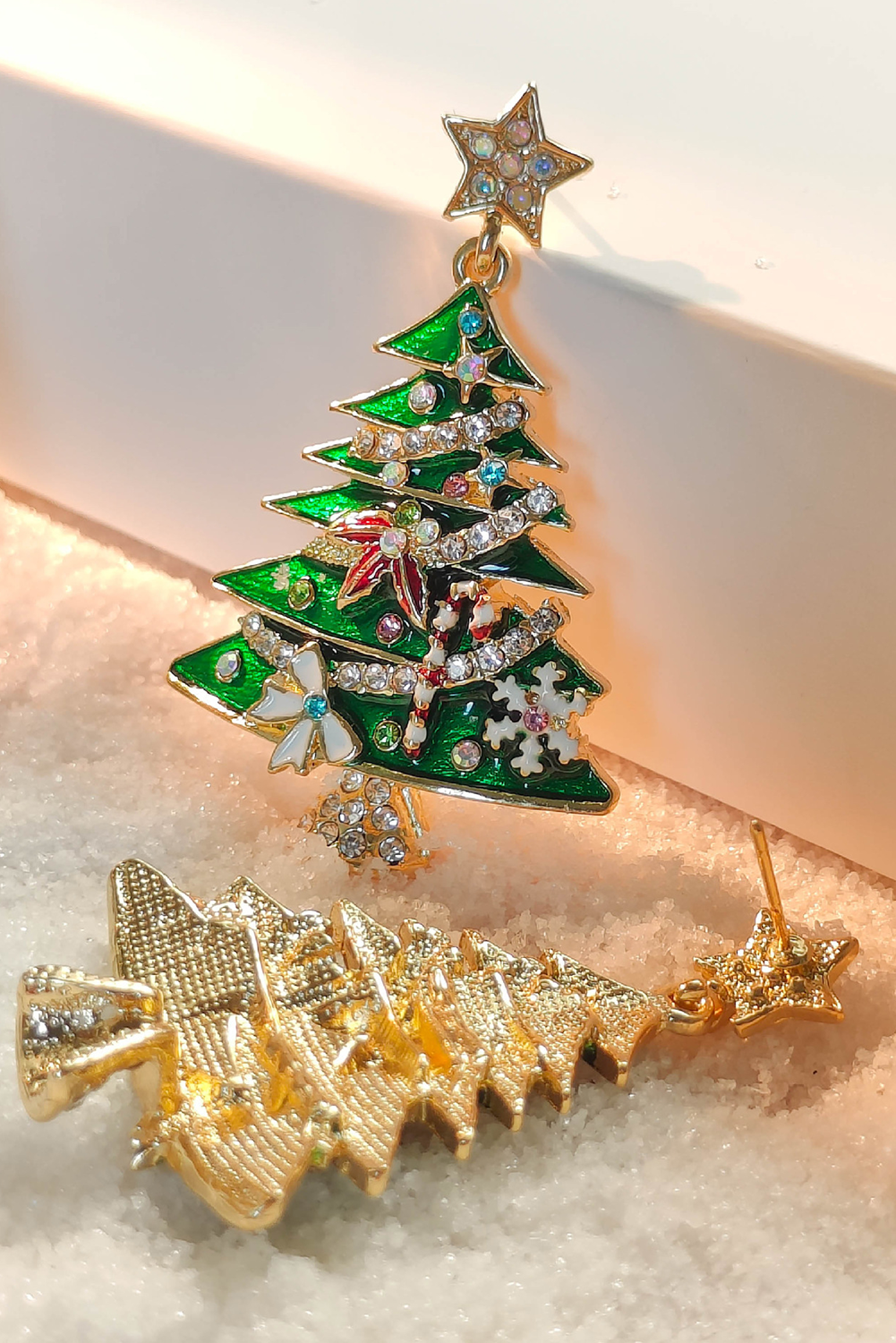 Bright Green Rhinestone Embellished Star Christmas Tree Earrings