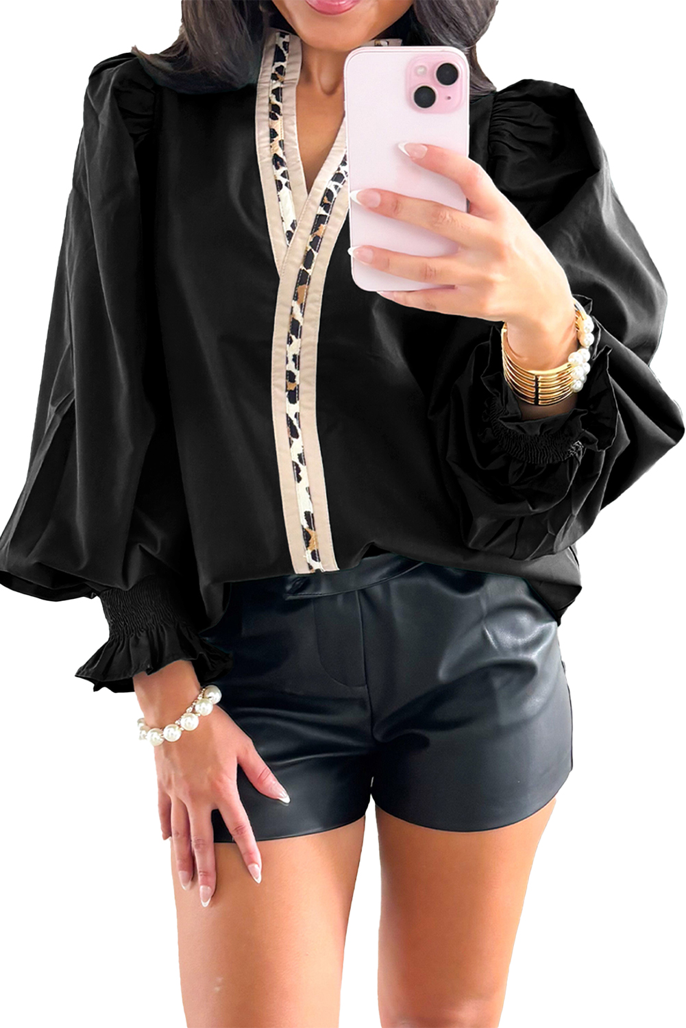Evergreen Puffy Flounce Sleeve Leopard Trim V Neck Blouse