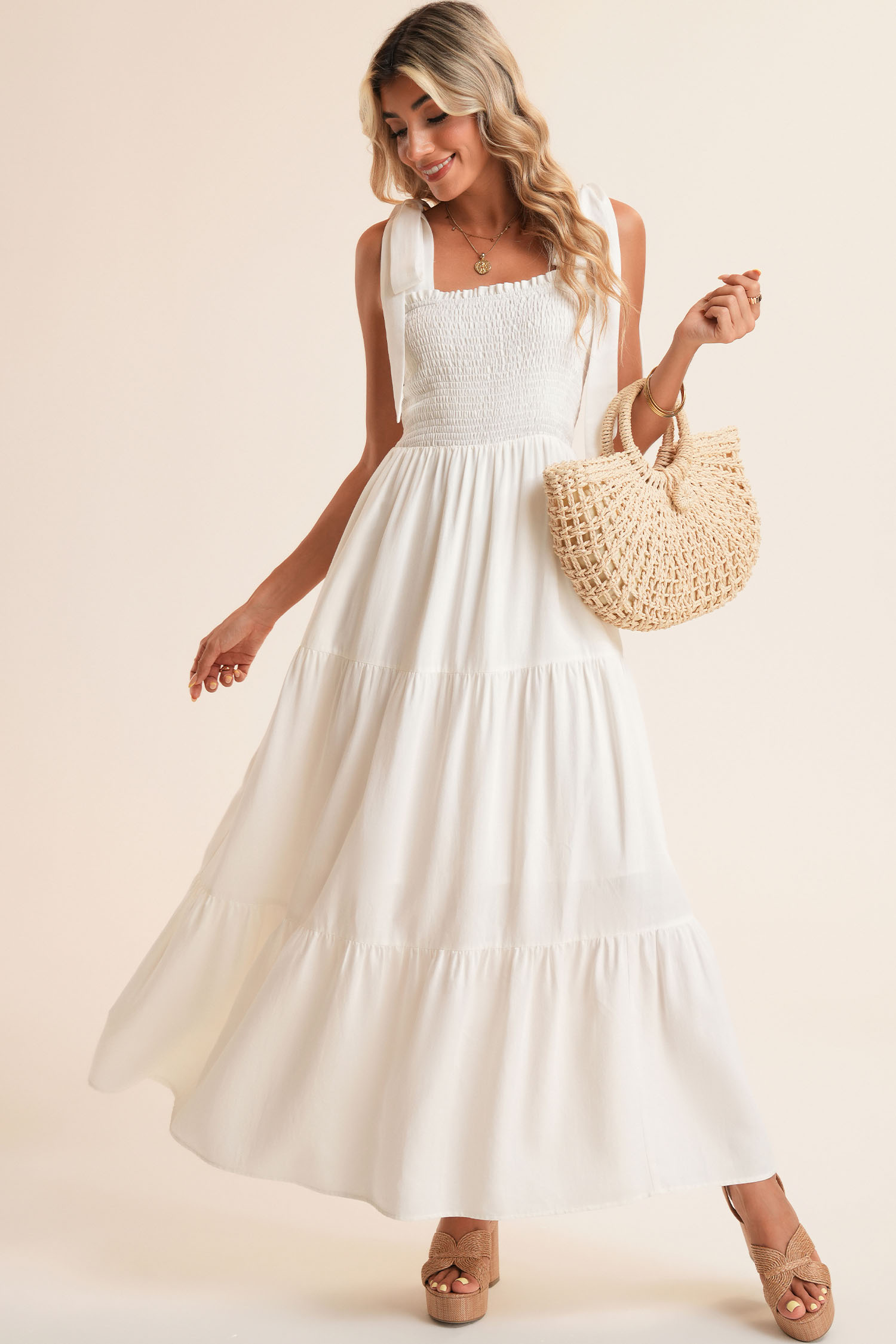 White Customizable Knot Straps Smocked Bodice Tiered Blank Maxi Dress