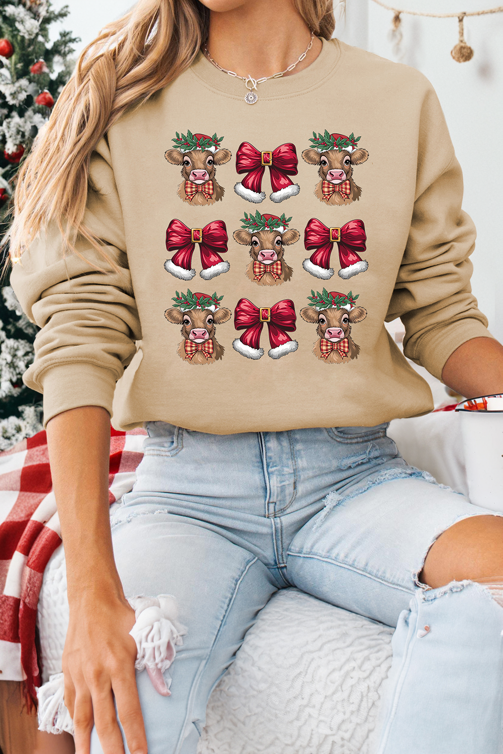 Khaki Christmas Heifer Bow Knot Print Womens Casual Sweatshirt