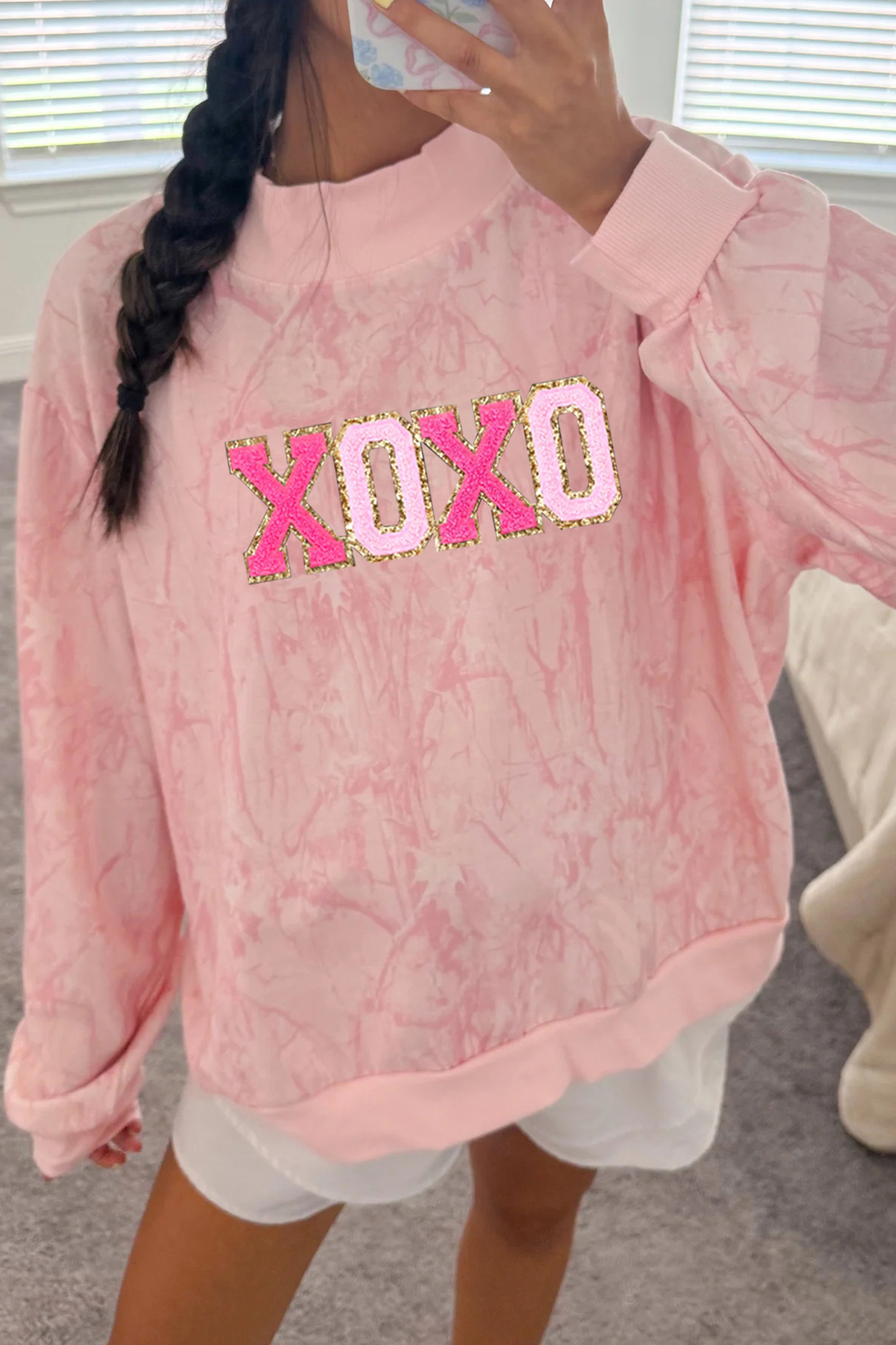 Pink Tie Dye Camo Sequin Love Heart Patched Mock Neck Sweatshirt