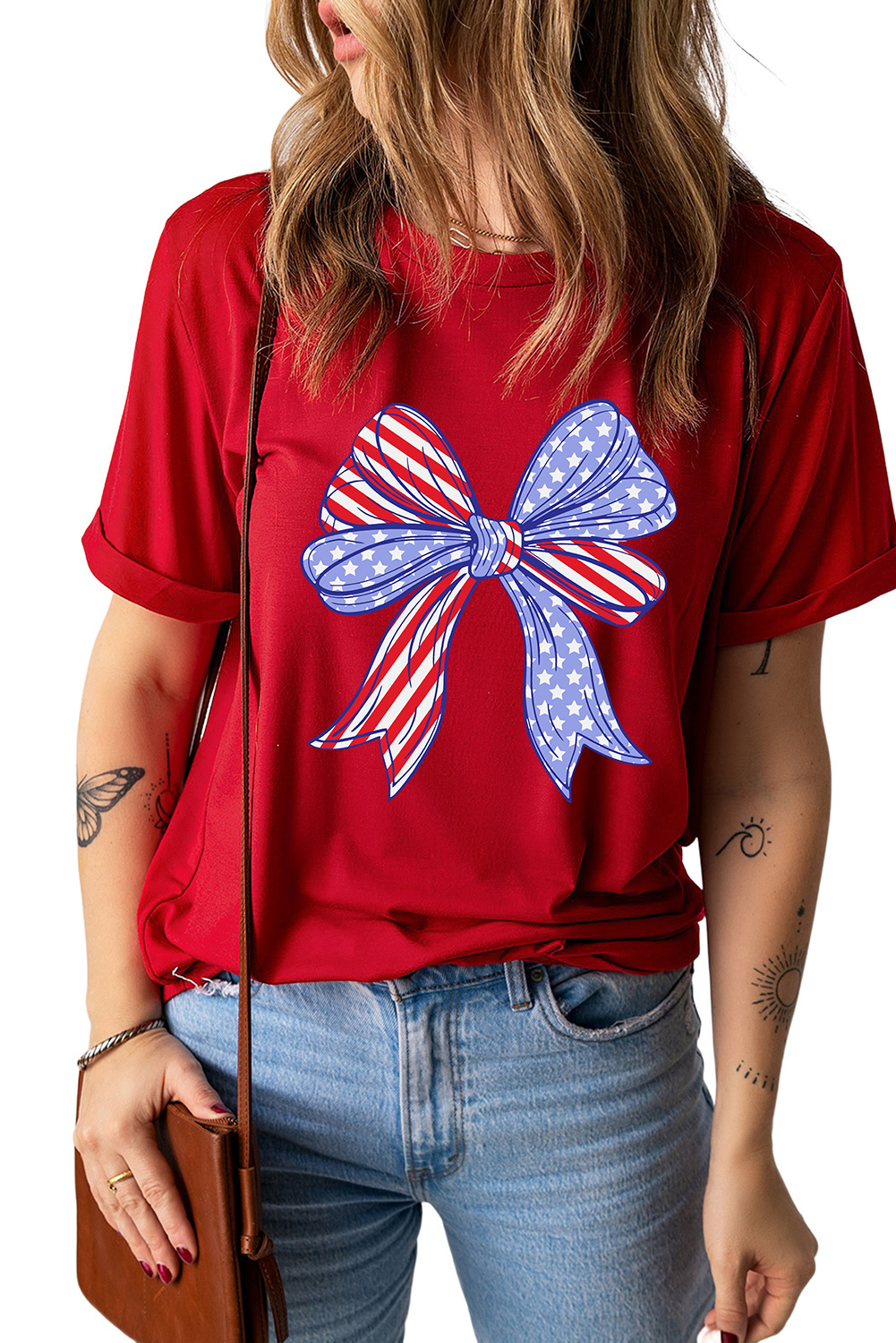 Red American Flag Bow Knot Print Crew Neck T Shirt