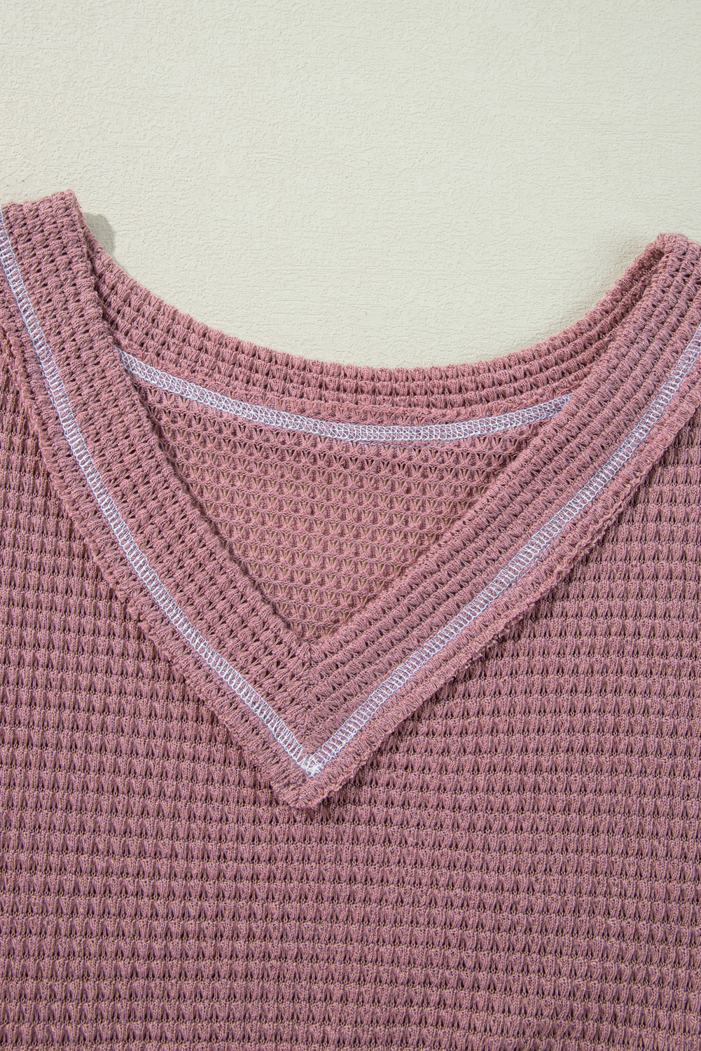 Pink Waffle Knit V Neck Long Sleeve Babydoll Top