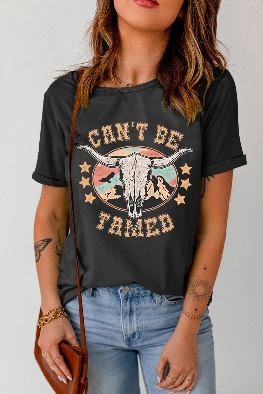 White Bull Skull American Flag Graphic Tee
