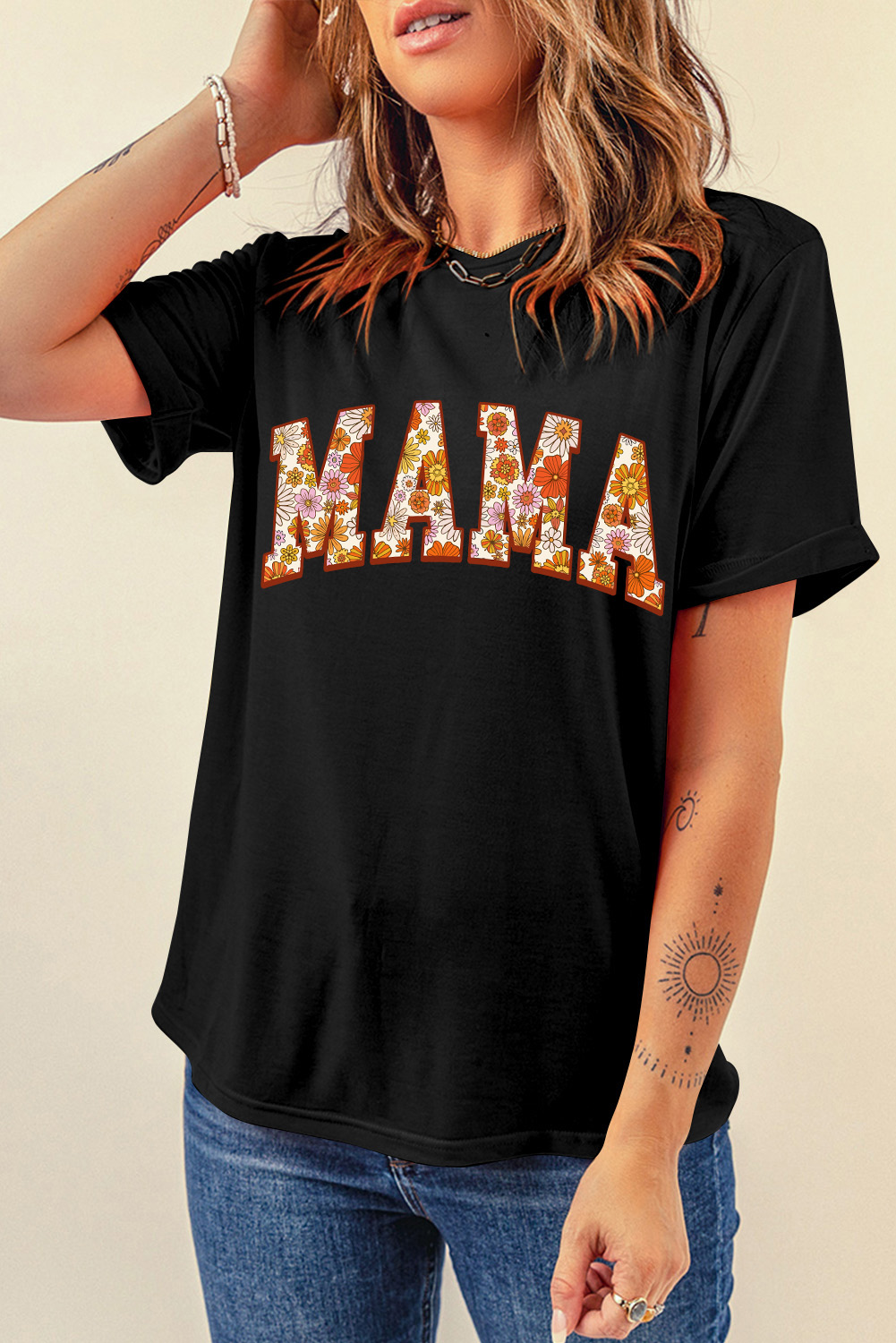 White MAMA Leopard Embroidered Crew Neck Graphic Tee
