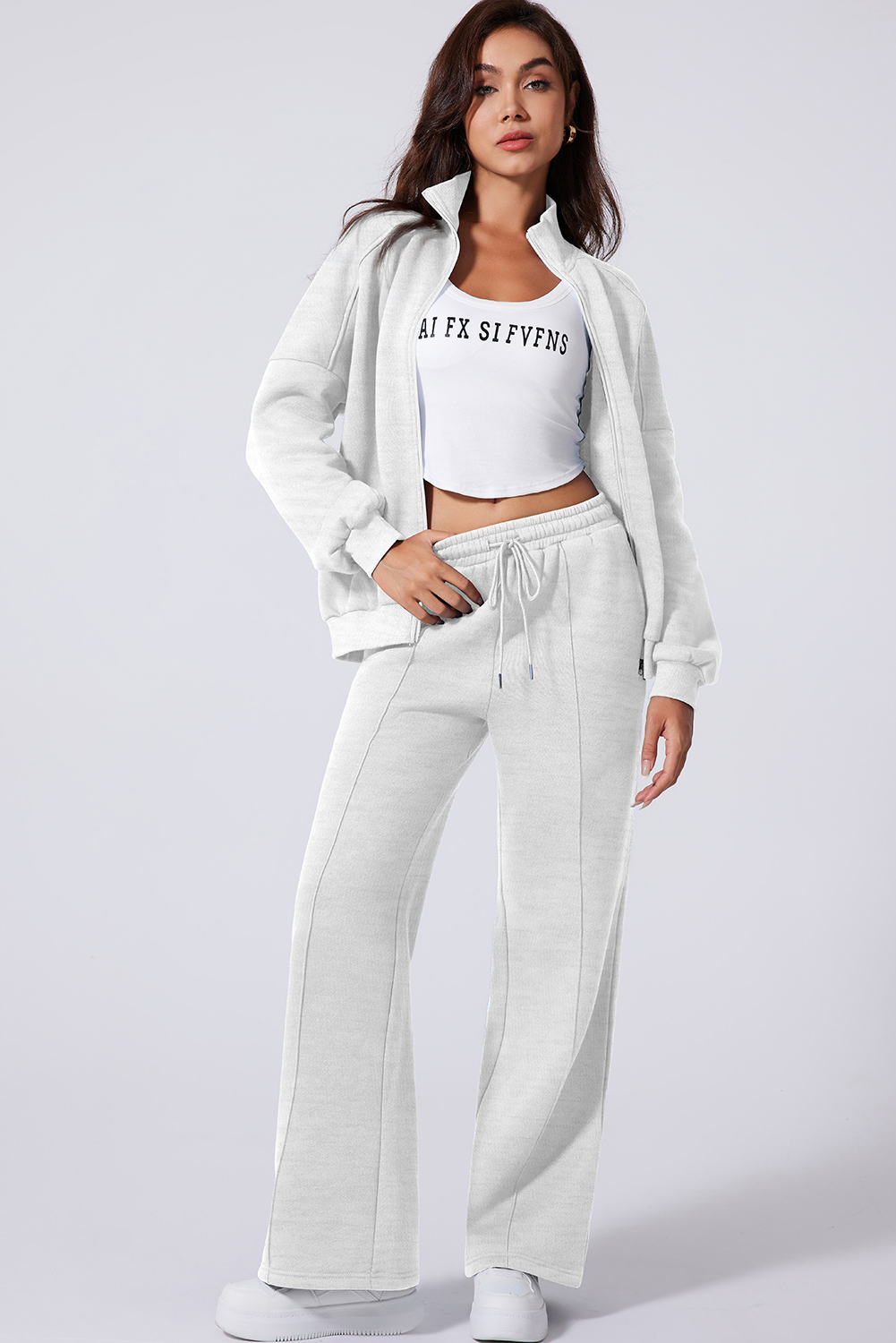 Navy Blue Drop Shoulder Zip Up Jacket Drawstring Pants Active 2pcs Set