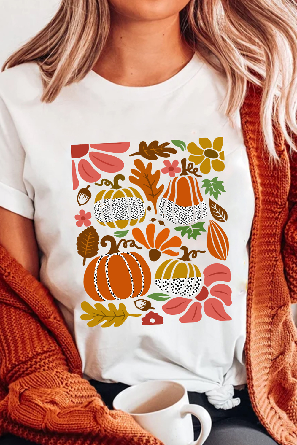 White Pumpkin Flower Print Fall Graphic Cotton Blend Tee