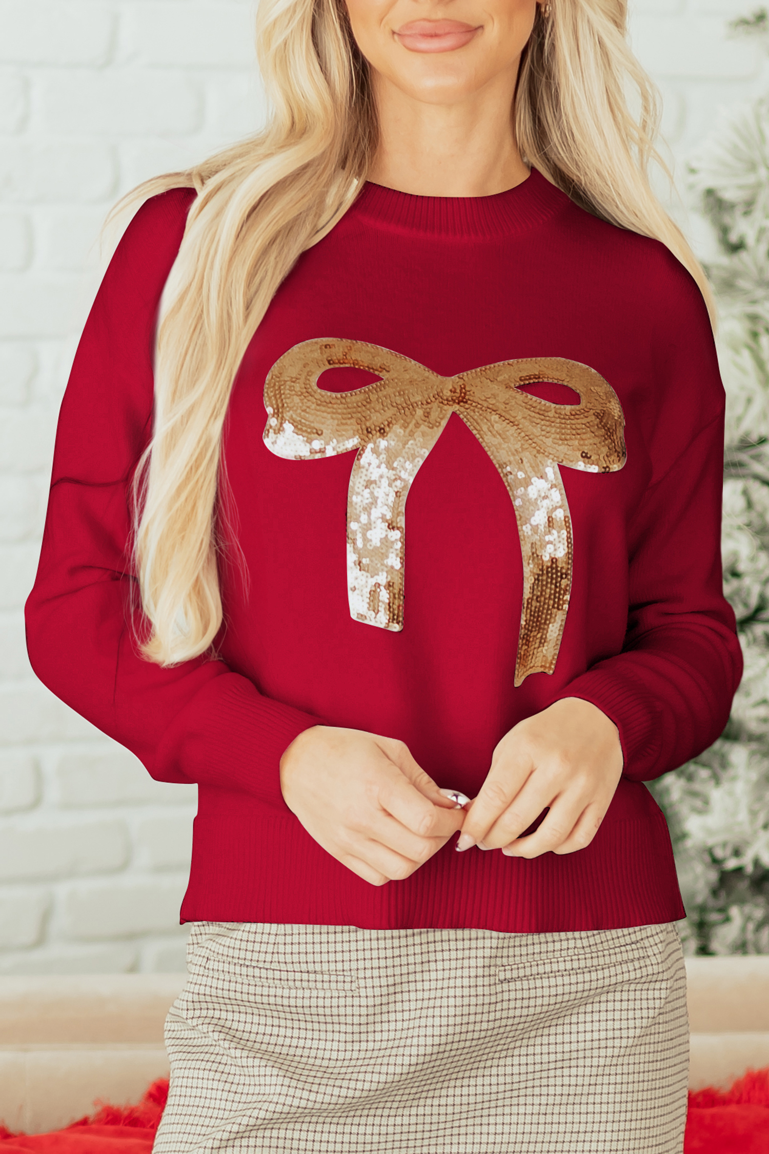 Rose Red Sequined Bow Graphic Christmas Holiday Sweater
