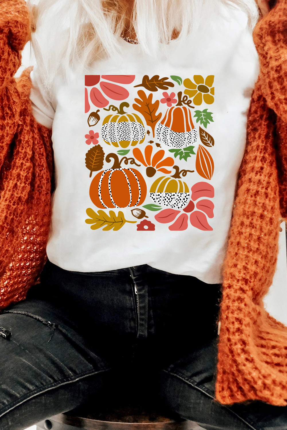 White Pumpkin Flower Print Fall Graphic Cotton Blend Tee