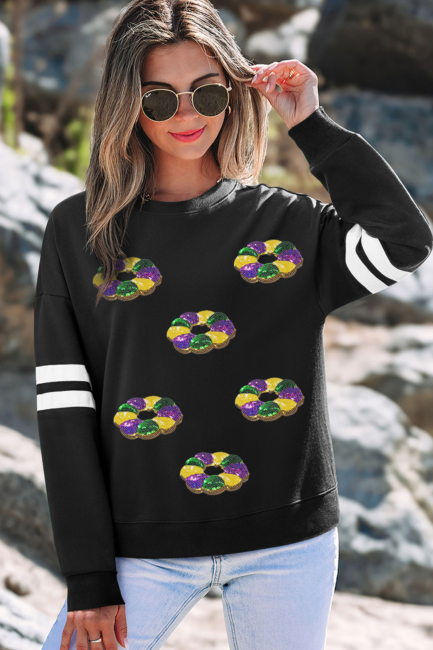 Black Sequin Mardi Crown Dropped Shoulder Varsity Sweatshirt