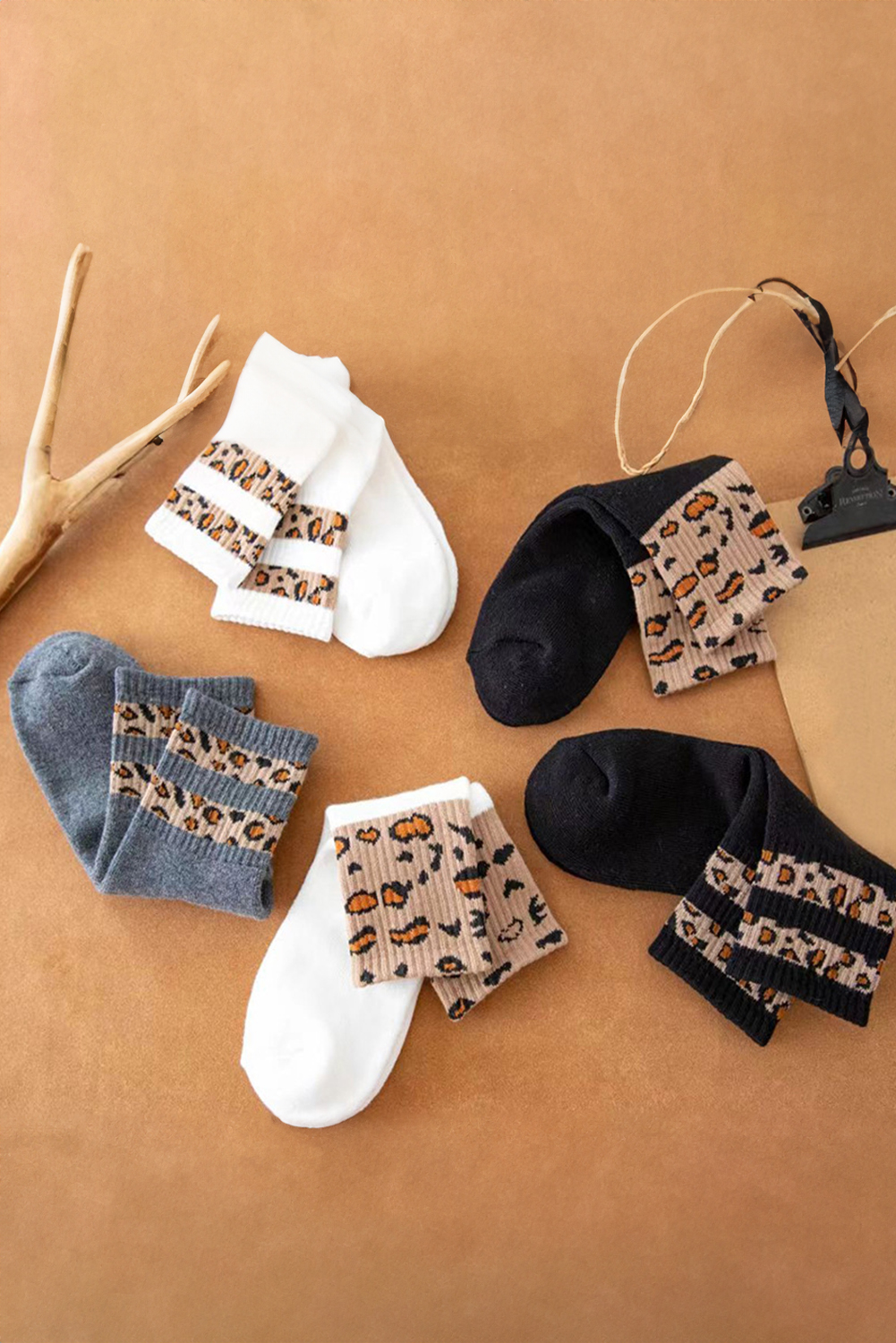 White Leopard Striped Detail Ribbed Cuffs Womens Socks
