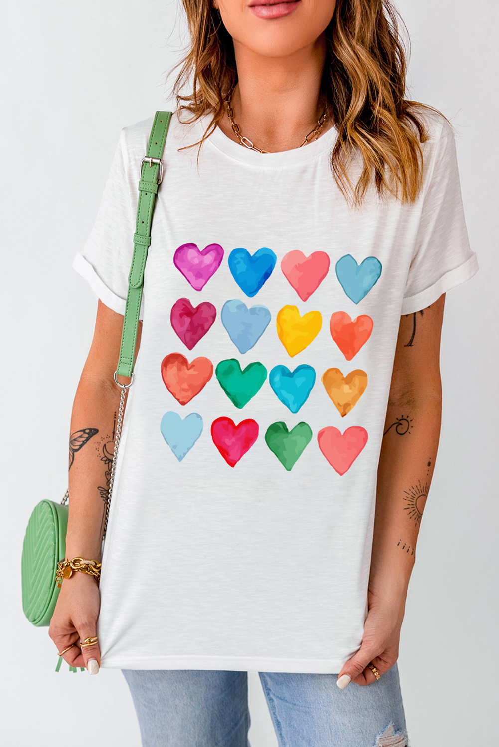 Red Leopard Striped Heart Shaped Print Crew Neck T Shirt