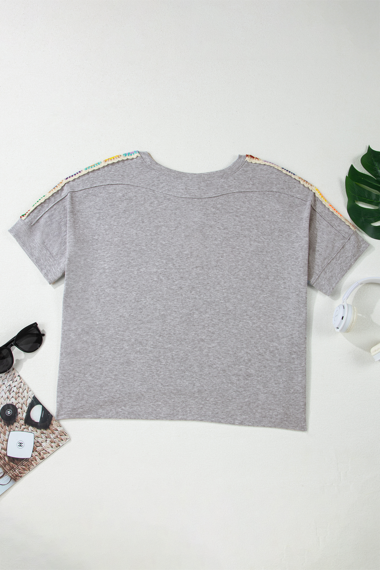 Light Grey Granny Square Crochet Detail Loose T Shirt