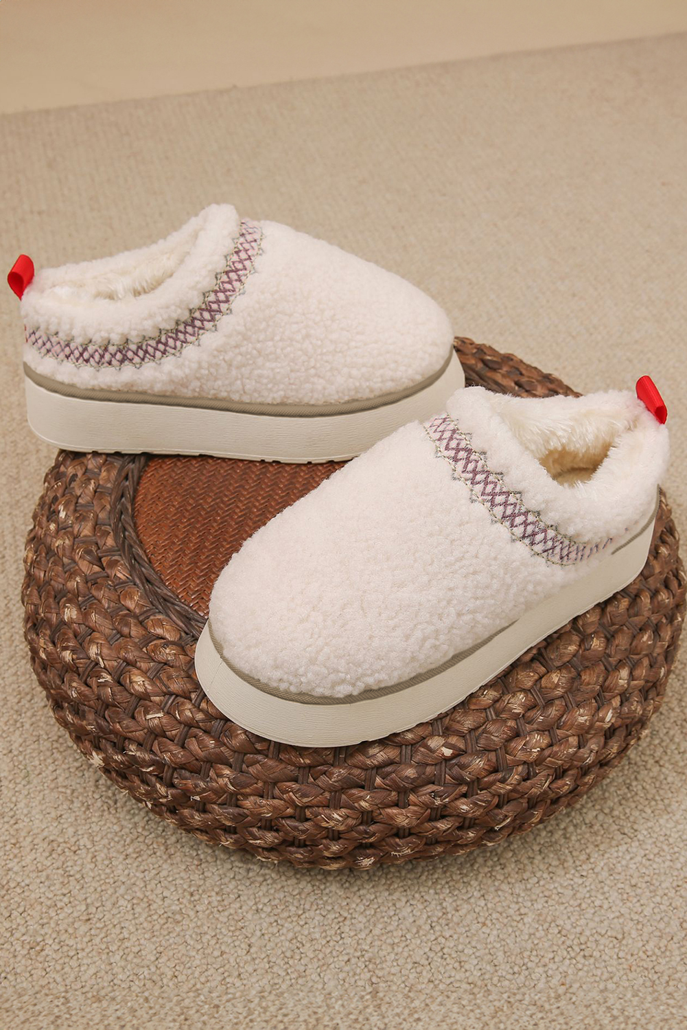 Oatmeal Embroidered Sherpa Plush Thick Sole Snow Boots