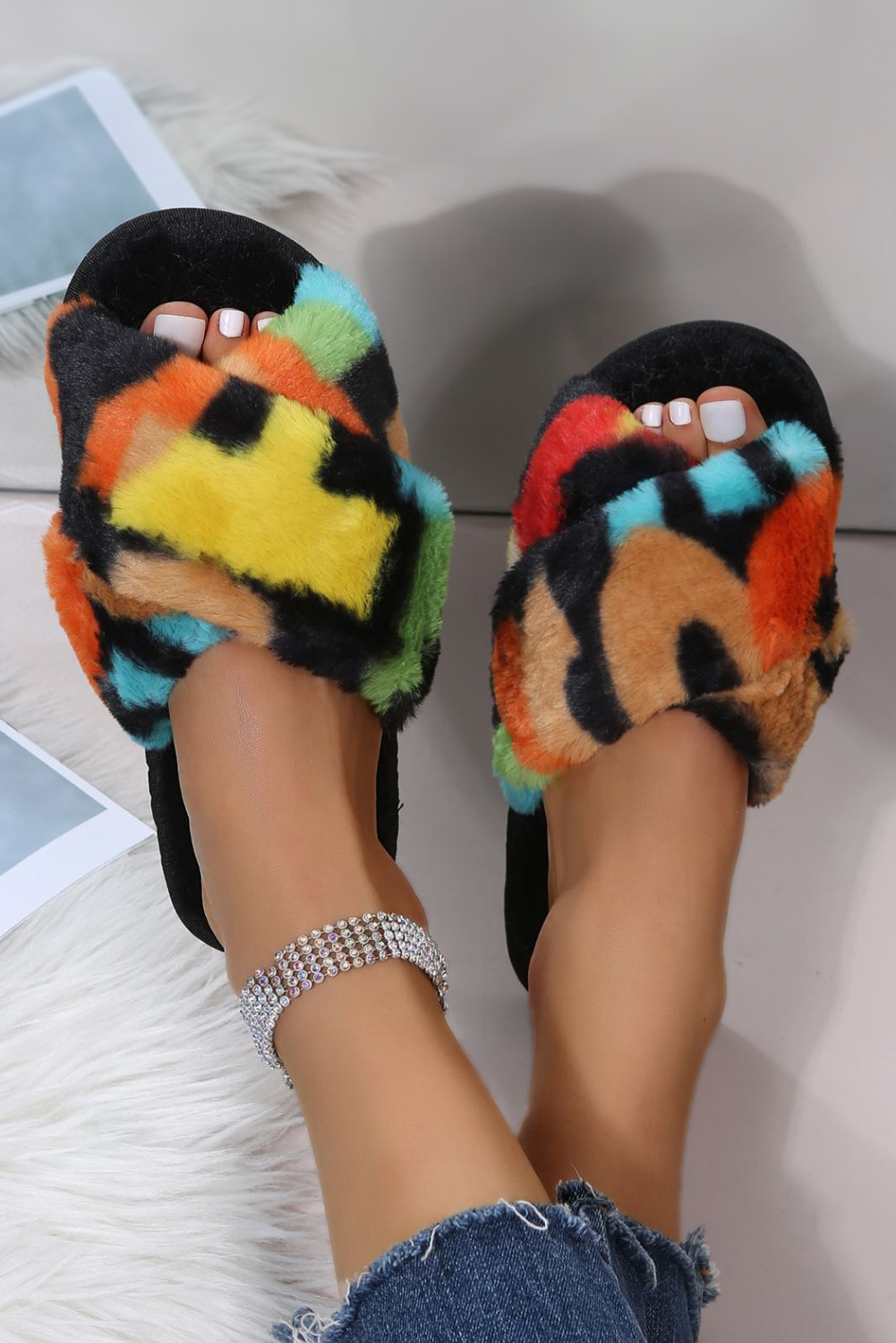 Black Plush Color Block Cross Strap Home Slippers