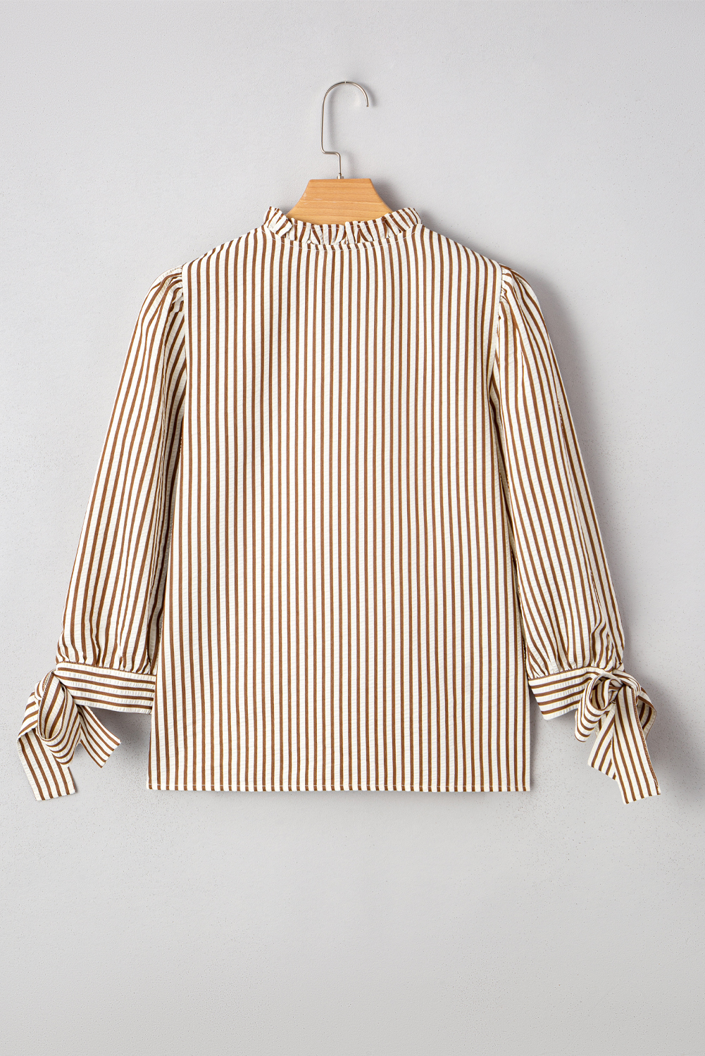 Straw Yellow Striped Print Tied Cuffs Split Neck Seersucker Blouse