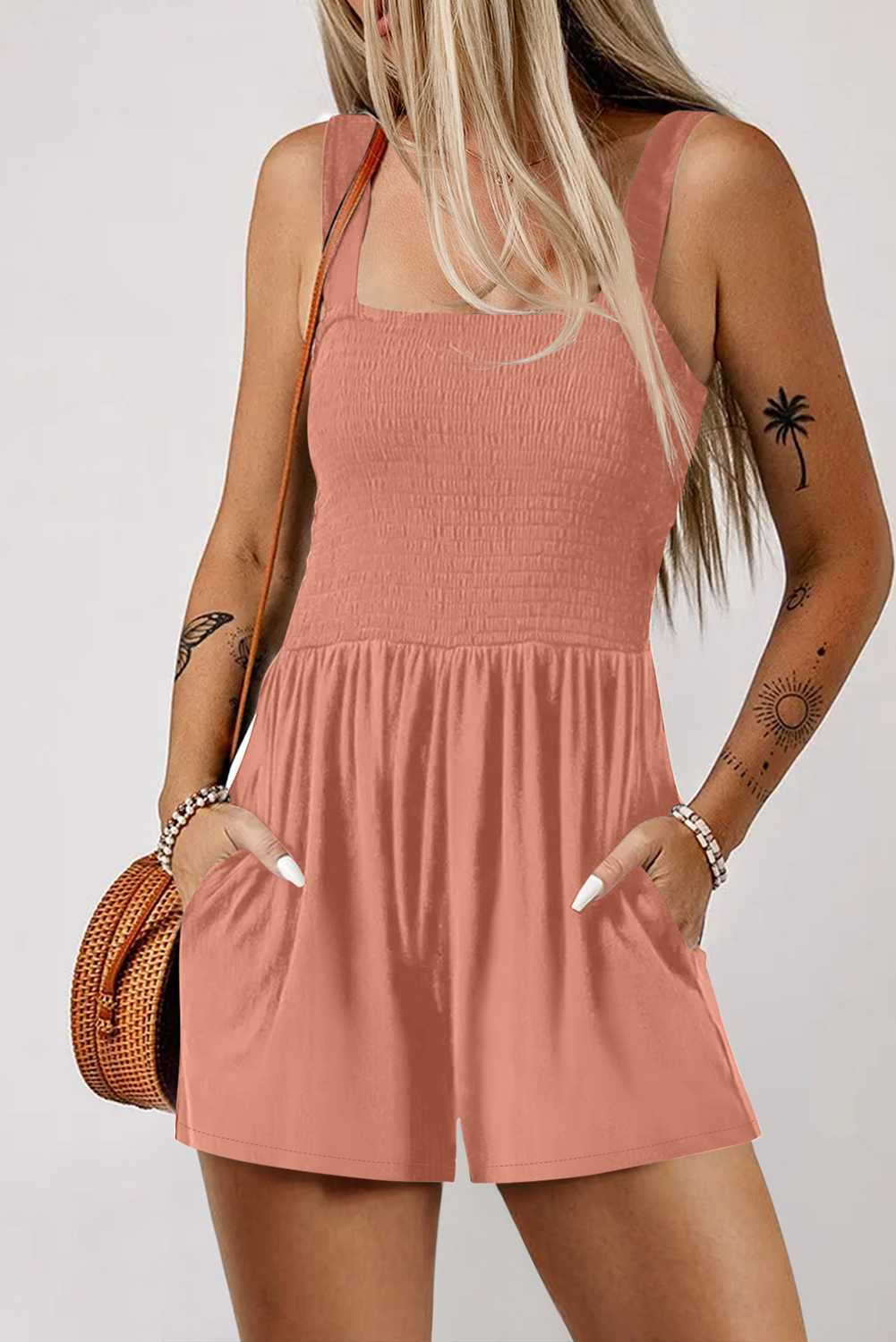 Burgundy Casual Pocketed Smocked Sleeveless Romper