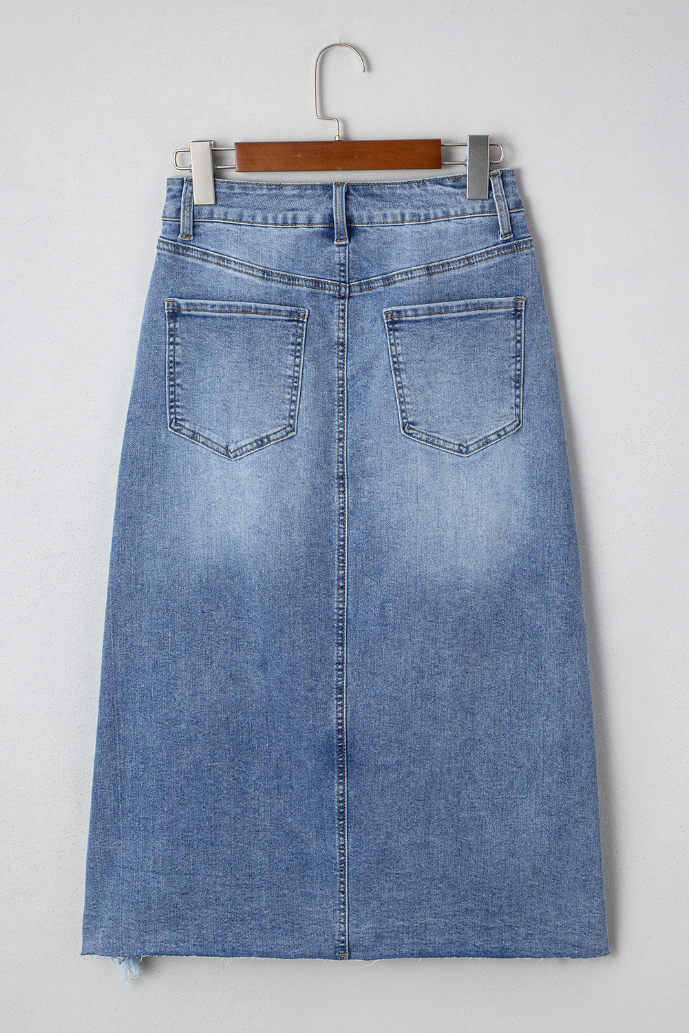 Sail Blue Dearlove Irregular Distressed Bottom Denim Midi Skirt