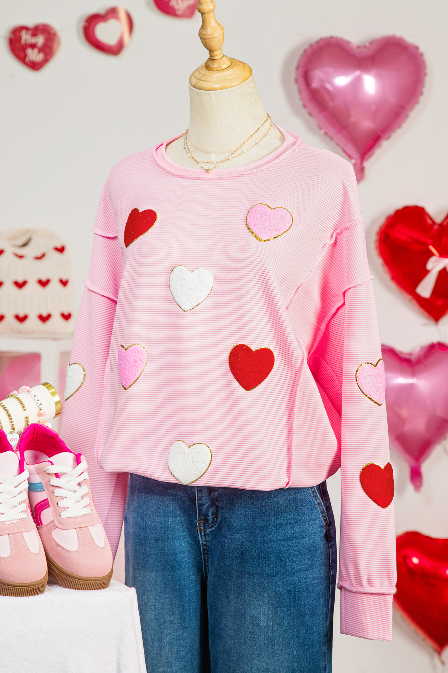 Pink Ribbed Texture Chenille Heart Glitter Trim Patched Long Sleeve Top