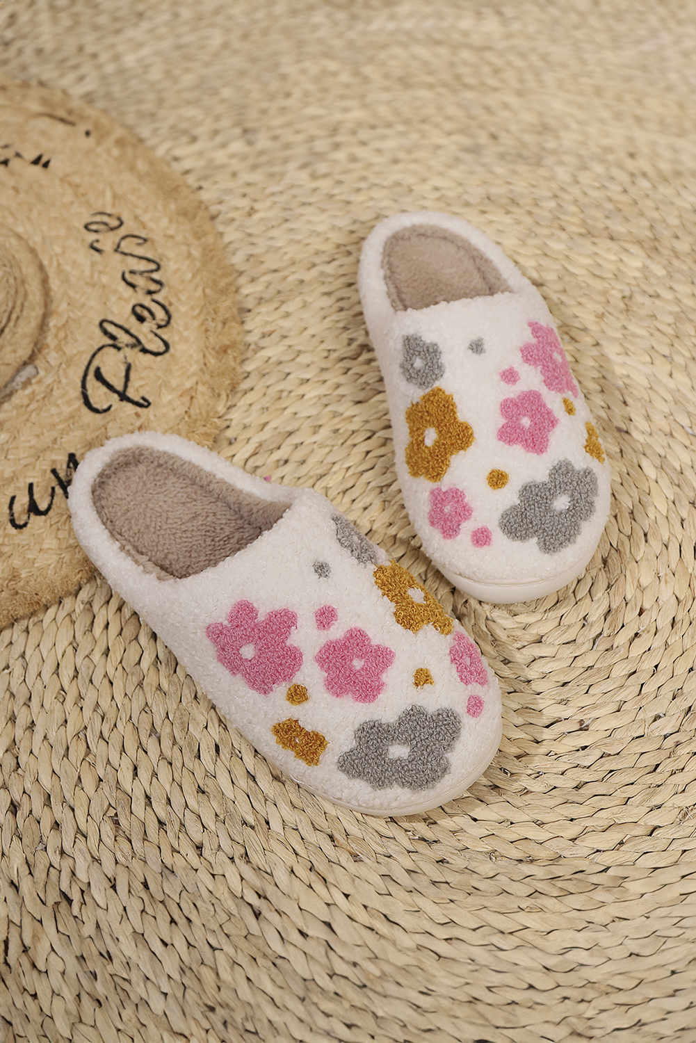 White Fuzzy Flower Pattern Winter House Slippers