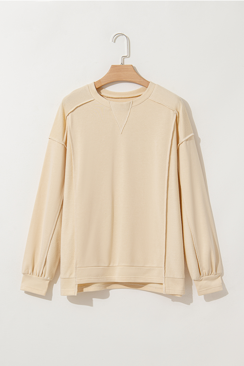 Beige Splicing Round Neck Pullover Sweatshirt