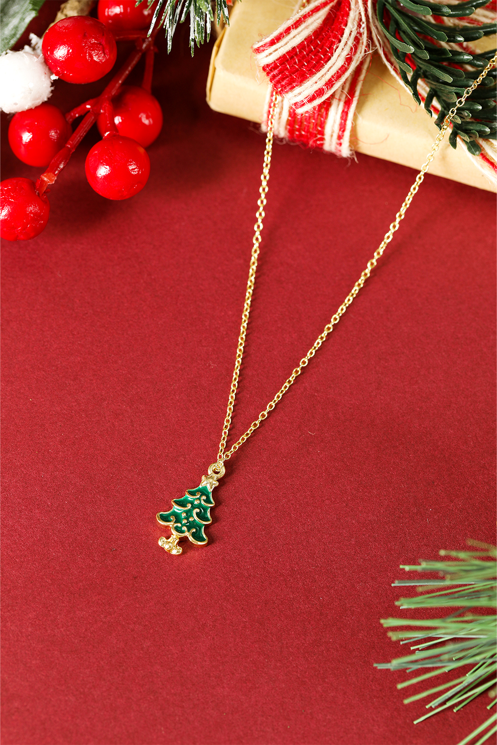 Gold Alloy Plated Chain Christmas Tree Pendant Necklace