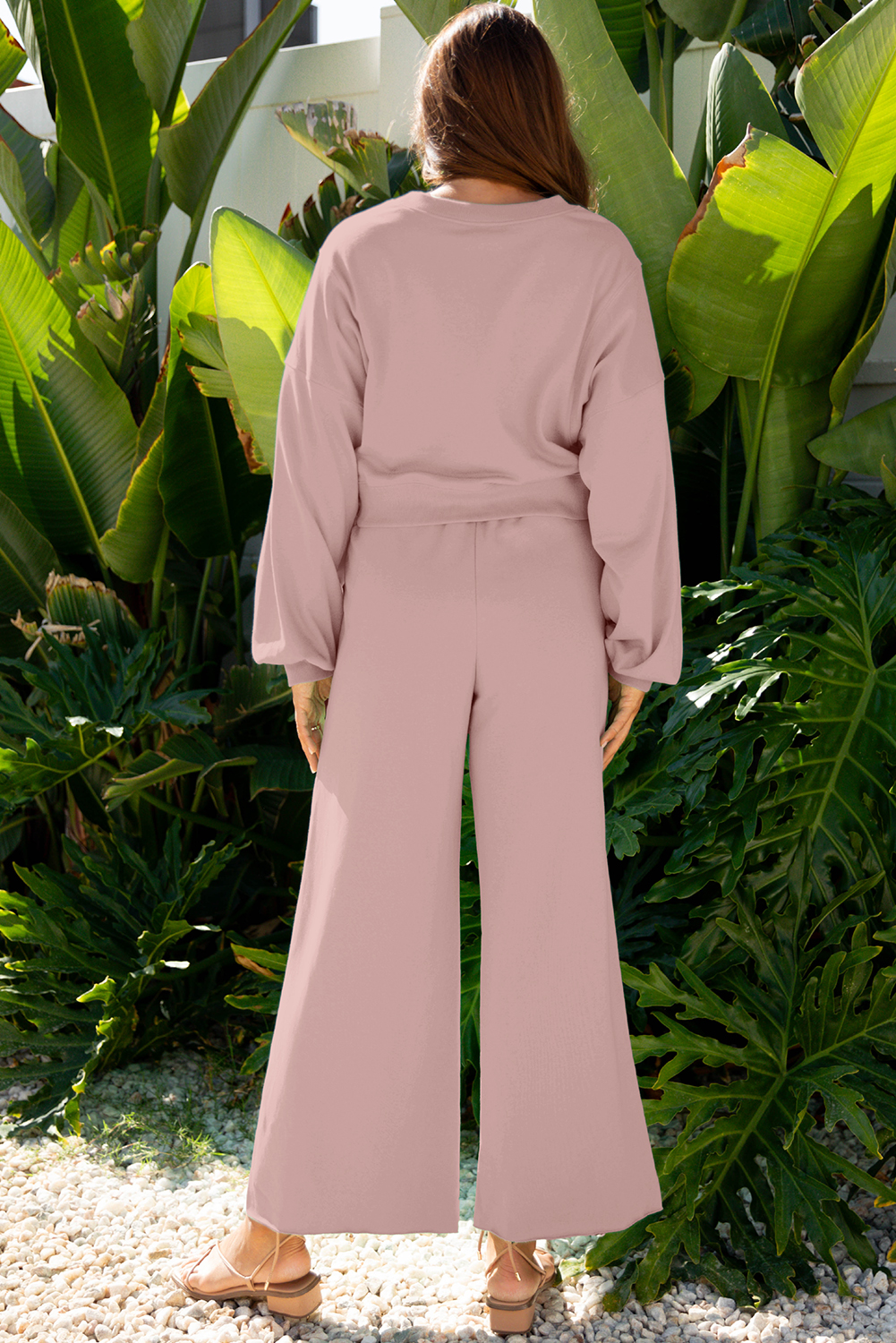 Bright Green Drop Shoulder Puff Sleeve Crop Pullover Drawstring Wide Leg Pants Set