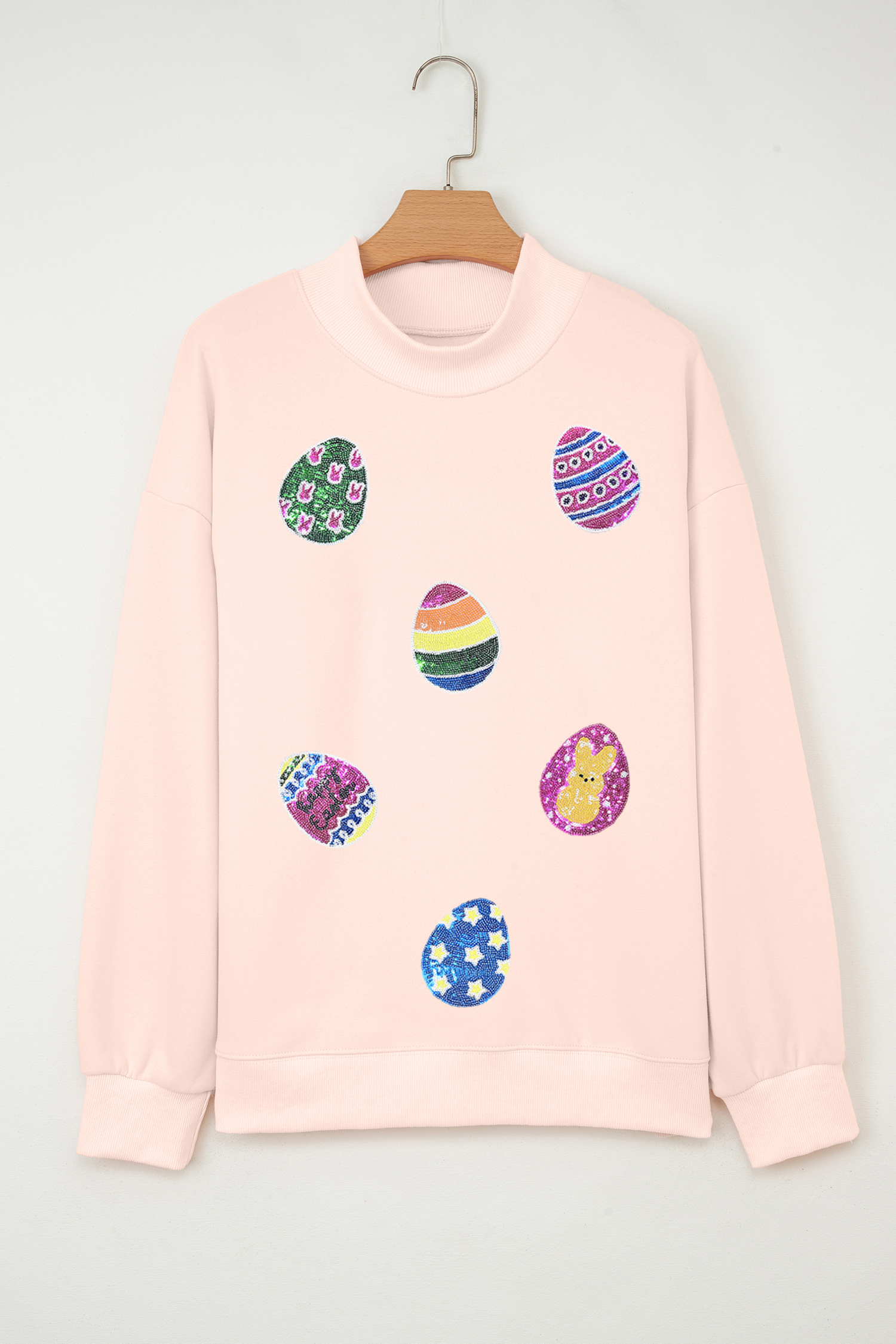 Apricot Pink Artistic Easter Eggs Sequin Patch Graphic Mock Neck Sweatshirt