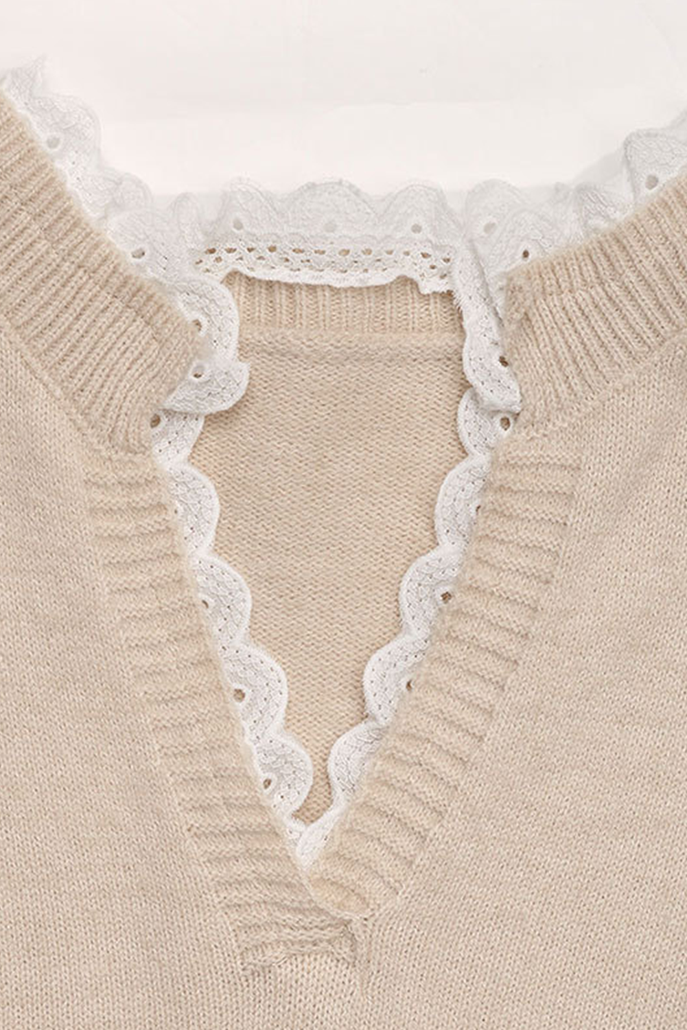 Smoke Gray Heart Print Lace Splicing V Neck Valentines Sweater