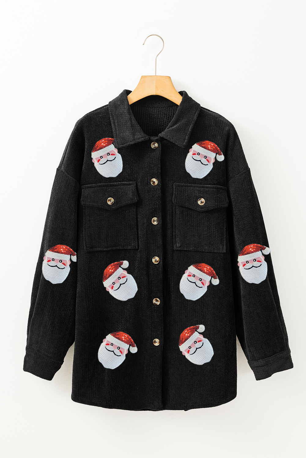 Black Sequin Father Christmas Graphic Button Down Ribbed Shacket