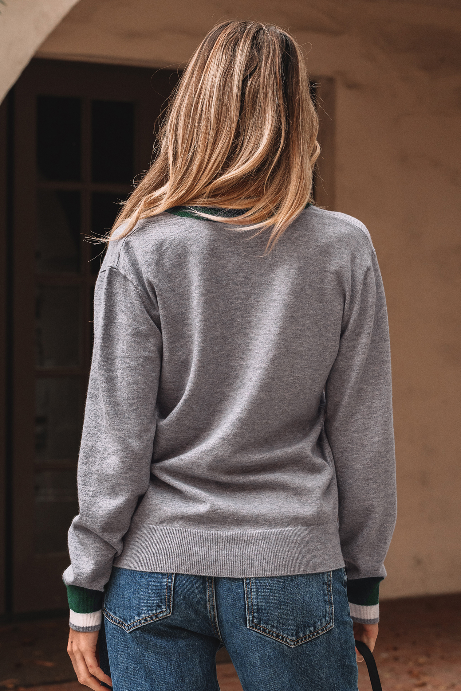 Black Contrast Striped Trim V Neck Varsity Sweater