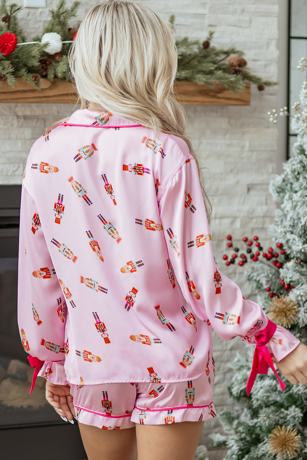 Pink Nutcracker Print Contrast Trim Tied up Bow Silky 2pcs Pajama Set