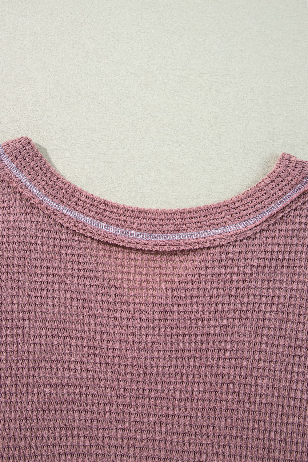 Pink Waffle Knit V Neck Long Sleeve Babydoll Top