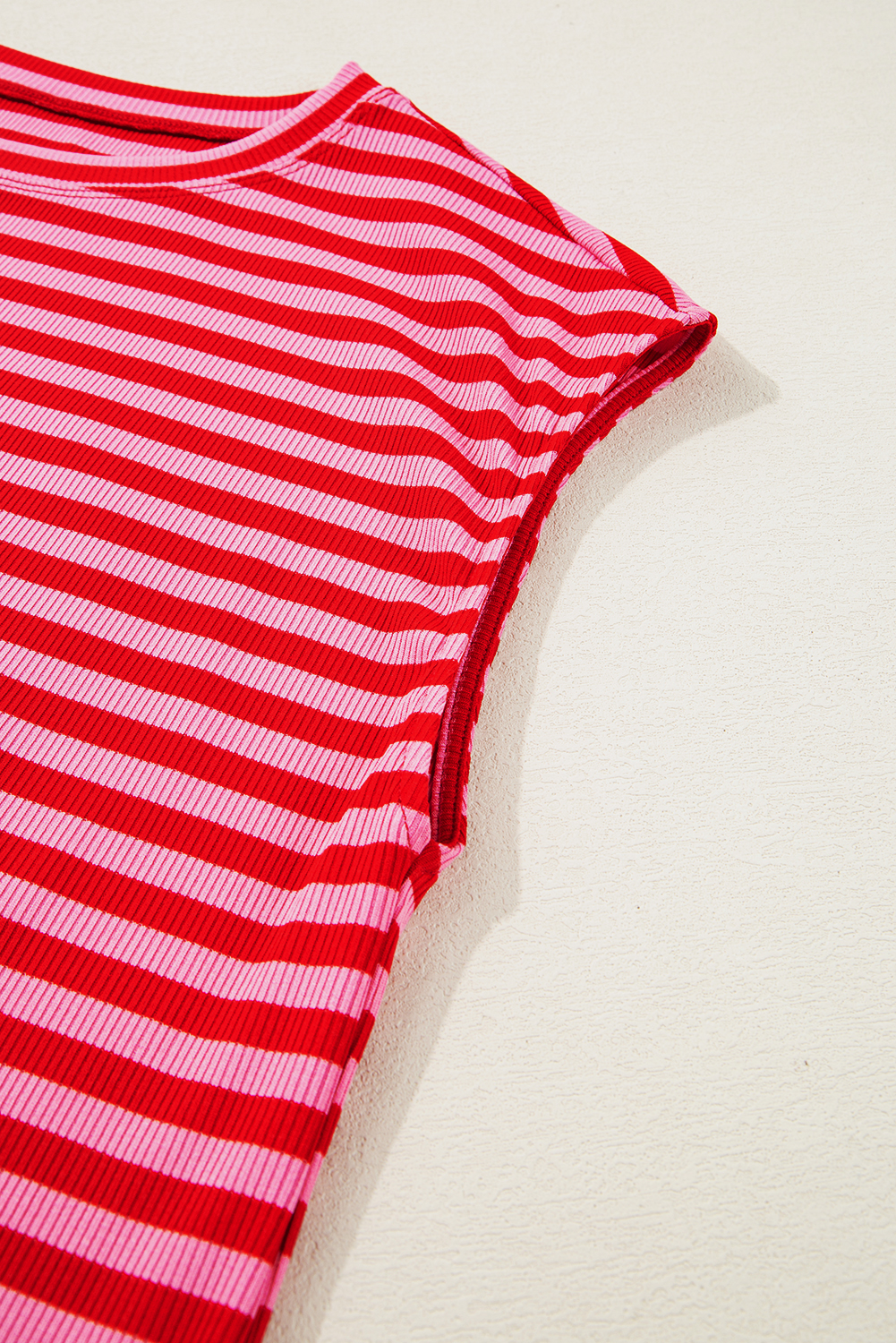 Sky Blue Stripe Ribbed Cap Sleeve Round Neck T Shirt