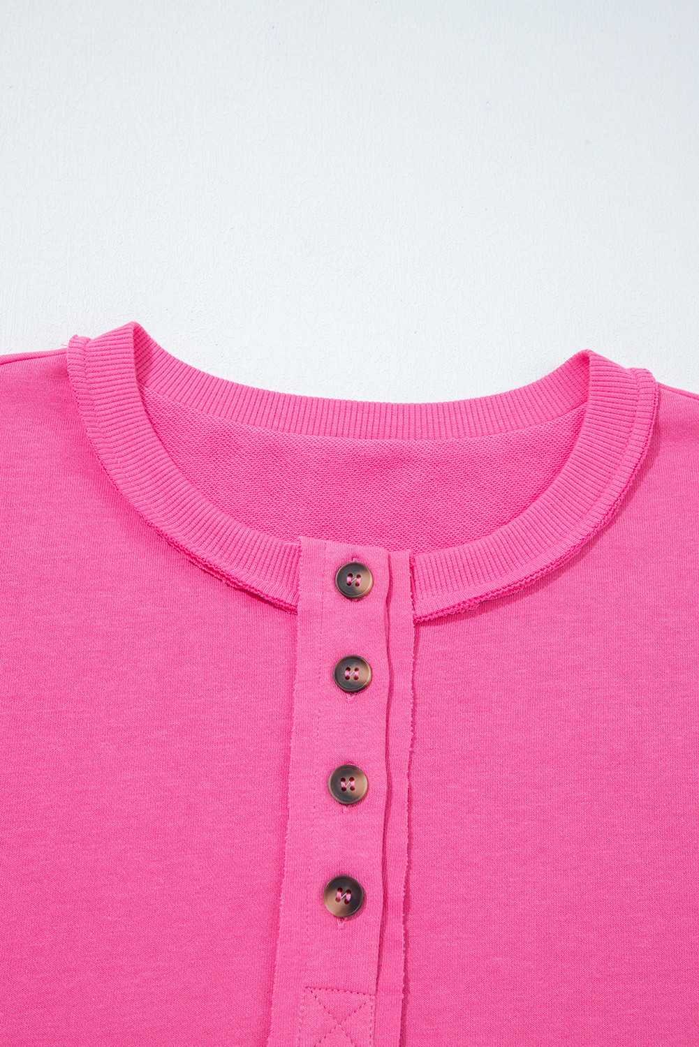 Bright Pink Raw Edge Half Buttons Pullover and Jogger Pants Set