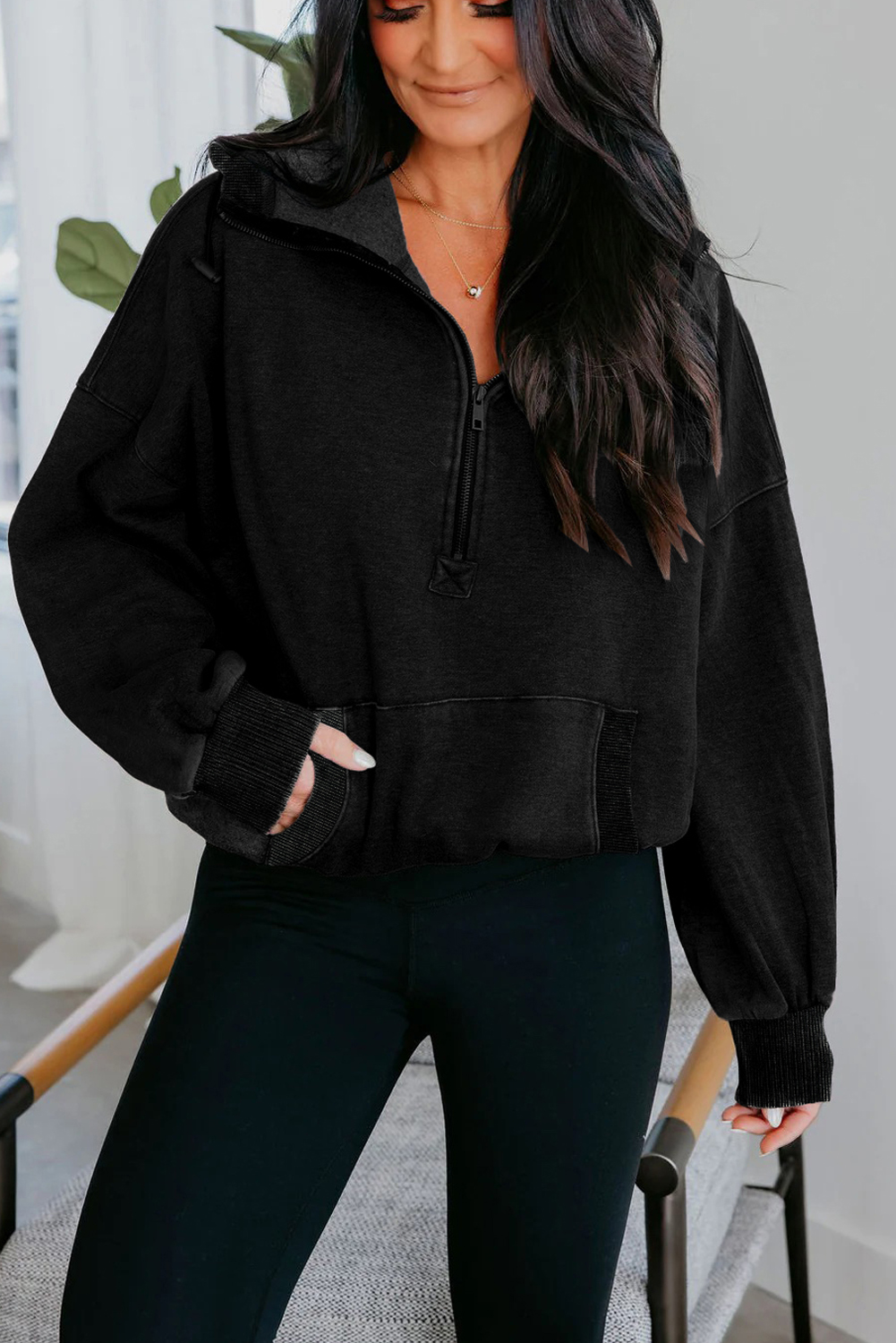 Canton Half Zip Kangaroo Pocket Mineral Wash Baggy Hoodie